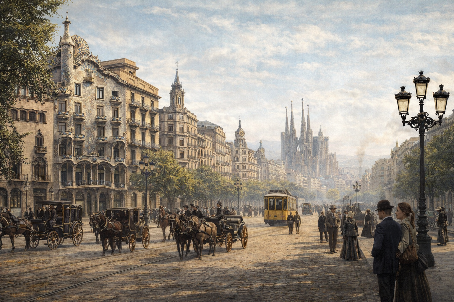 Panoramic view of Barcelona around 1900 featuring Passeig de Gràcia with horse-drawn carriages, early trams, elegant pedestrians, and the Sagrada Família under construction in the background, showcasing the city’s modernist architecture and urban growth.