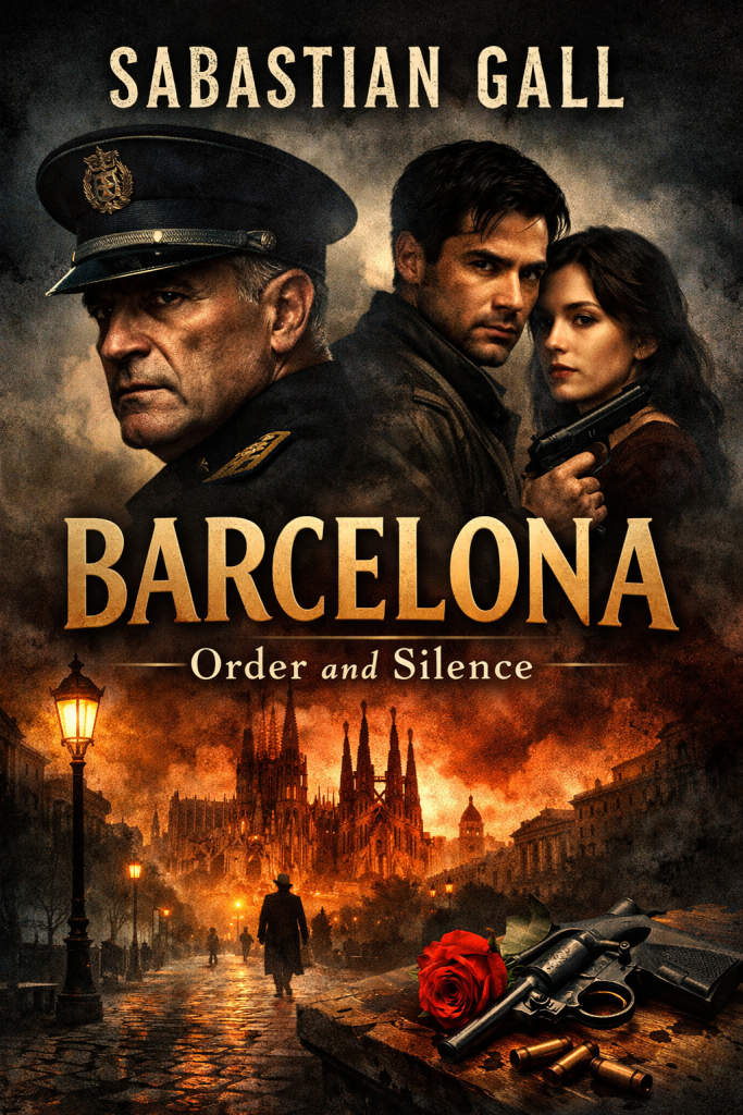 Historical fiction book cover set in 1920s Barcelona featuring a military officer, an anarchist couple, and the Sagrada Família in a dramatic cityscape, symbolizing political repression, love, and resistance under dictatorship.