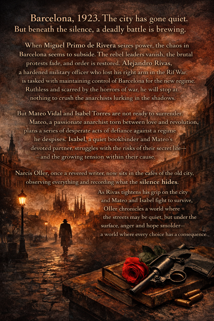 Back cover of a historical novel set in Barcelona 1923 showing a lone figure walking through a smoky street with Sagrada Família in the background, alongside synopsis text about dictatorship, anarchists, and social tension.
