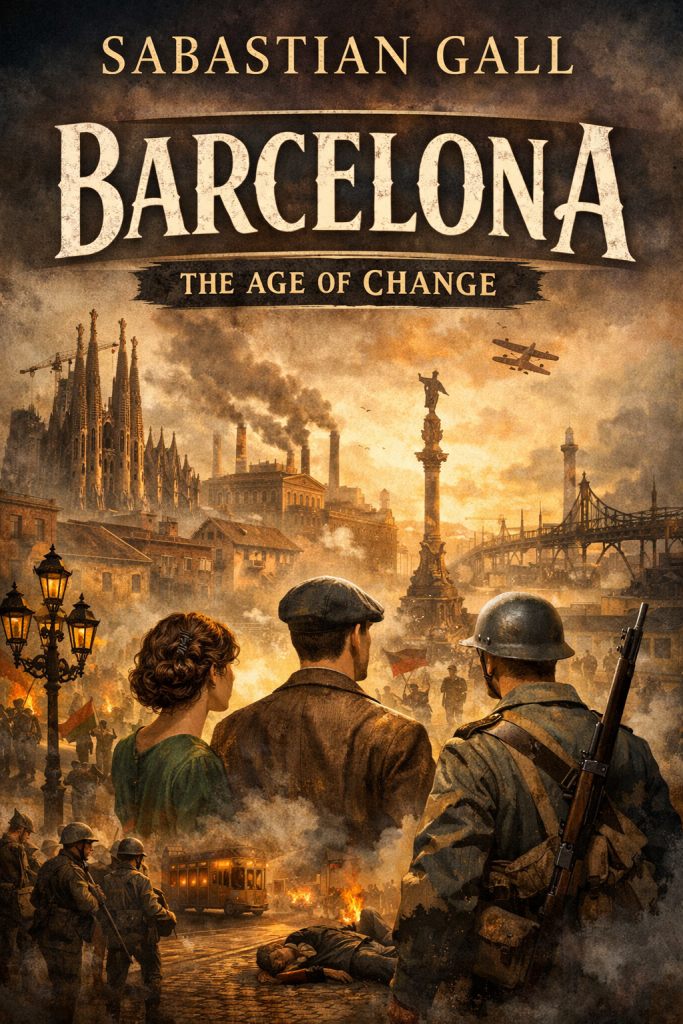 A vintage-style book cover titled Barcelona: The Age of Change by Sabastian Gall. In the foreground, three figures stand with their backs to the viewer: a working-class man in a flat cap, a woman in early 20th-century dress, and a soldier holding a rifle. Behind them, Barcelona appears in turmoil—factories emit smoke, fires burn in the streets, and armed soldiers move through unrest. Iconic landmarks, including the Sagrada Família and a tall column monument, rise in the background. The overall tone blends golden light with dark smoke, suggesting both growth and conflict.