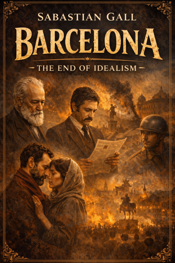 Book cover of Barcelona The End of Idealism featuring burning city streets, anarchist unrest, a soldier, a journalist reading a newspaper, and a couple in emotional embrace, symbolizing conflict and social collapse.