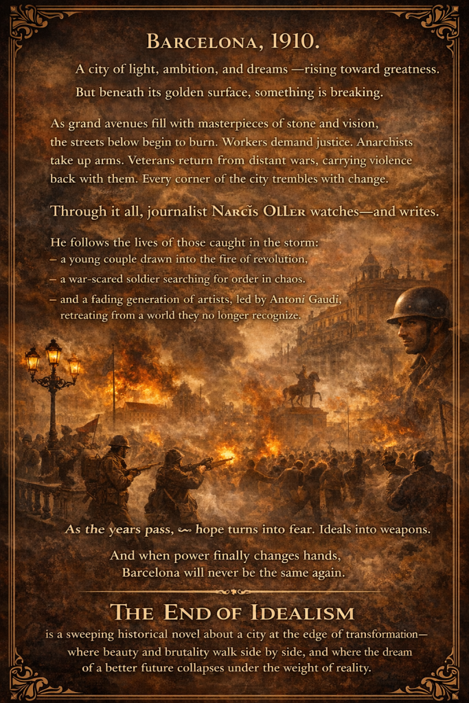 Back cover of historical novel set in Barcelona 1910–1923 with dramatic warlike city scene, soldiers, crowds, fire, and descriptive text about anarchism, political violence, and the fall of idealism.