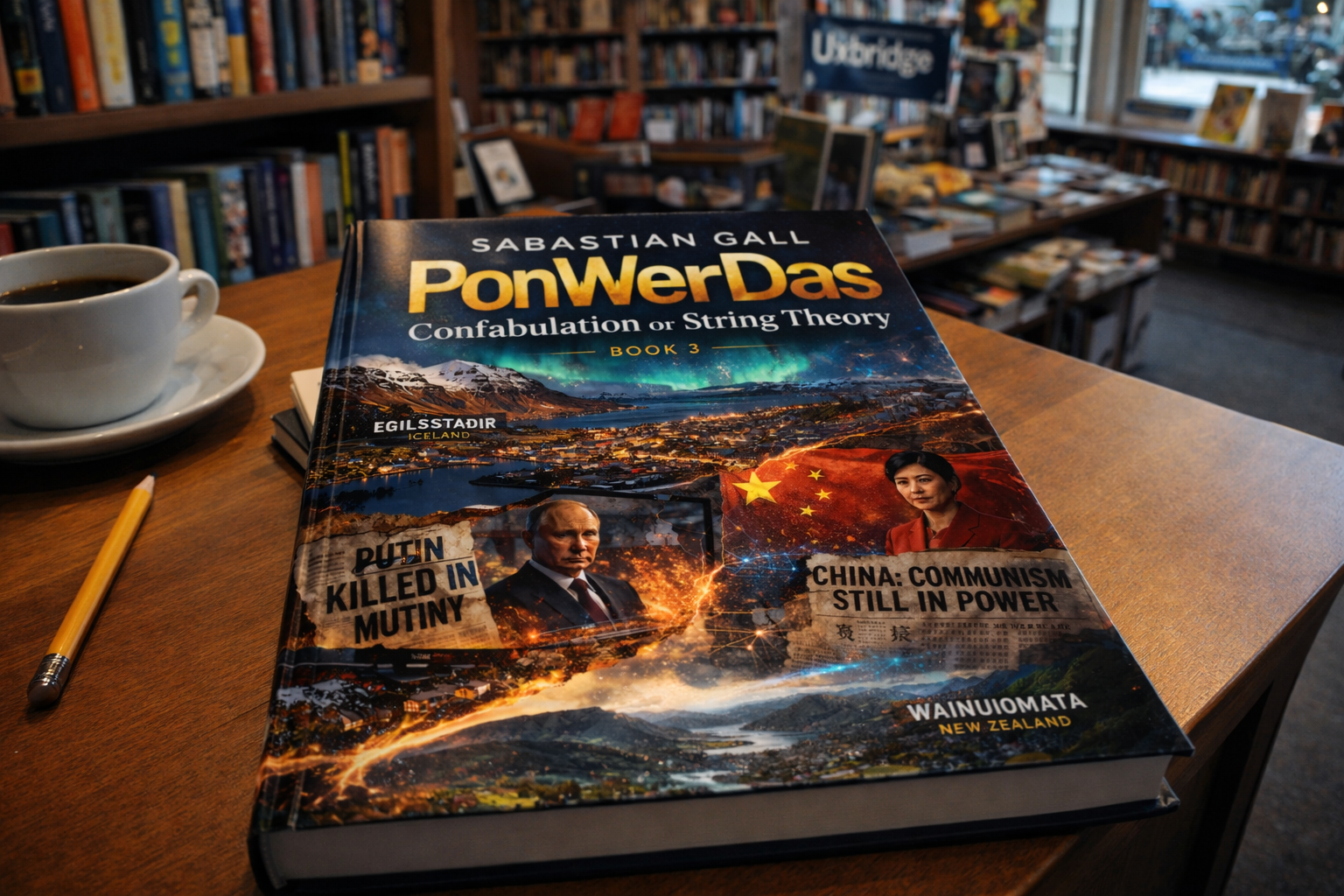 Photorealistic image of PonWerDas – Confabulation or String Theory by Sabastian Gall on a wooden desk in a Uxbridge bookshop, with coffee cup and bookshelves in the background