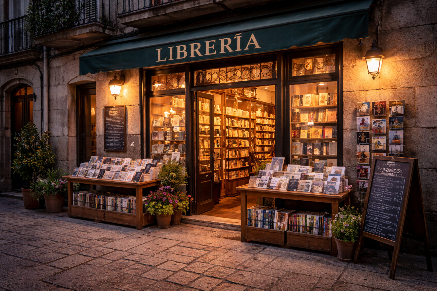 A cozy bookstore exterior in Vigo, Spain, with a green “Librería” awning, warm glowing lights, books displayed on wooden tables outside, and a chalkboard sign on a cobblestone street at dusk.