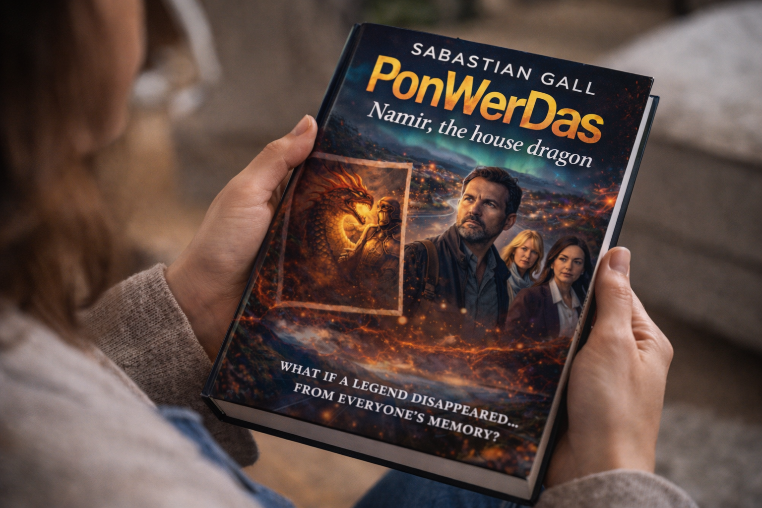 Woman holding PonWerDas – Namír, the House Dragon book by Sabastian Gall, showcasing the cover of the multiverse fantasy novel in a cosy home setting.