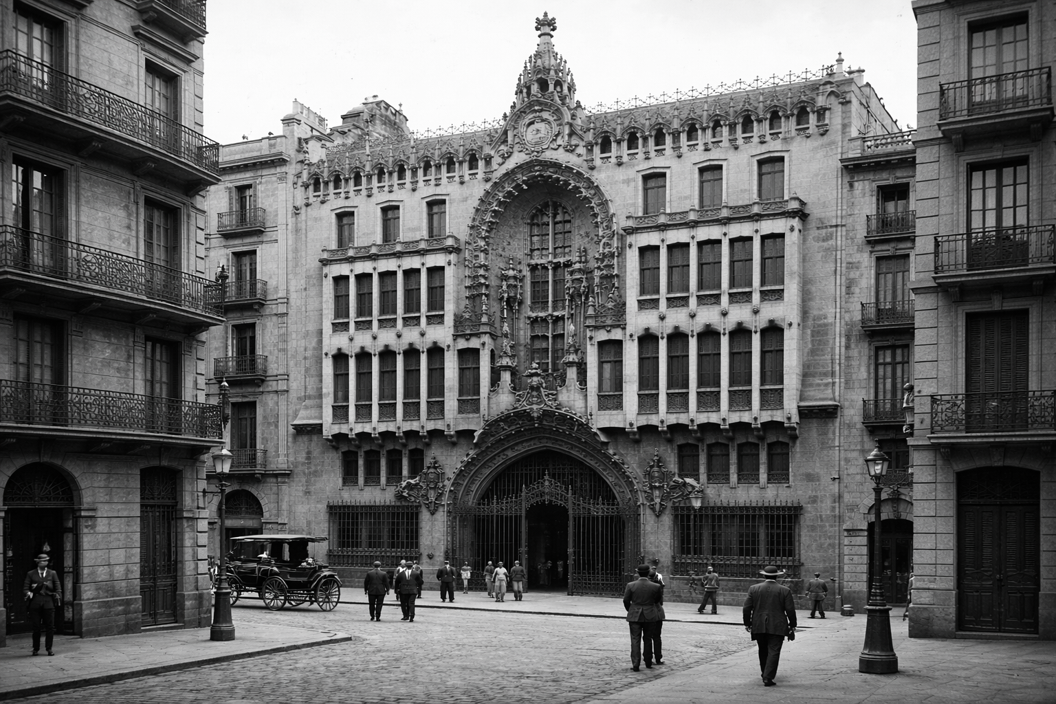 Black and white photorealistic image of Güell Palace in Barcelona circa 1895, featuring ornate façade, arched entrance and people in period clothing on a historic street