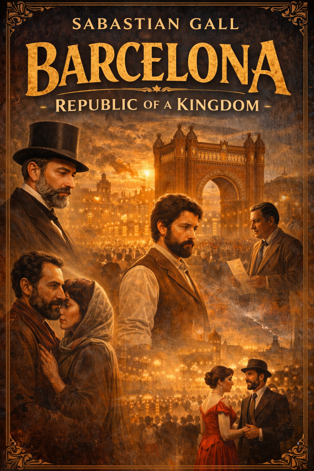 “Barcelona Encounters book cover by Sabastian Gall featuring a historical 19th-century Barcelona scene with Arc de Triomf, elegantly dressed figures, and golden vintage typography, depicting the atmosphere of the 1888 World’s Fair and early modernist era.”