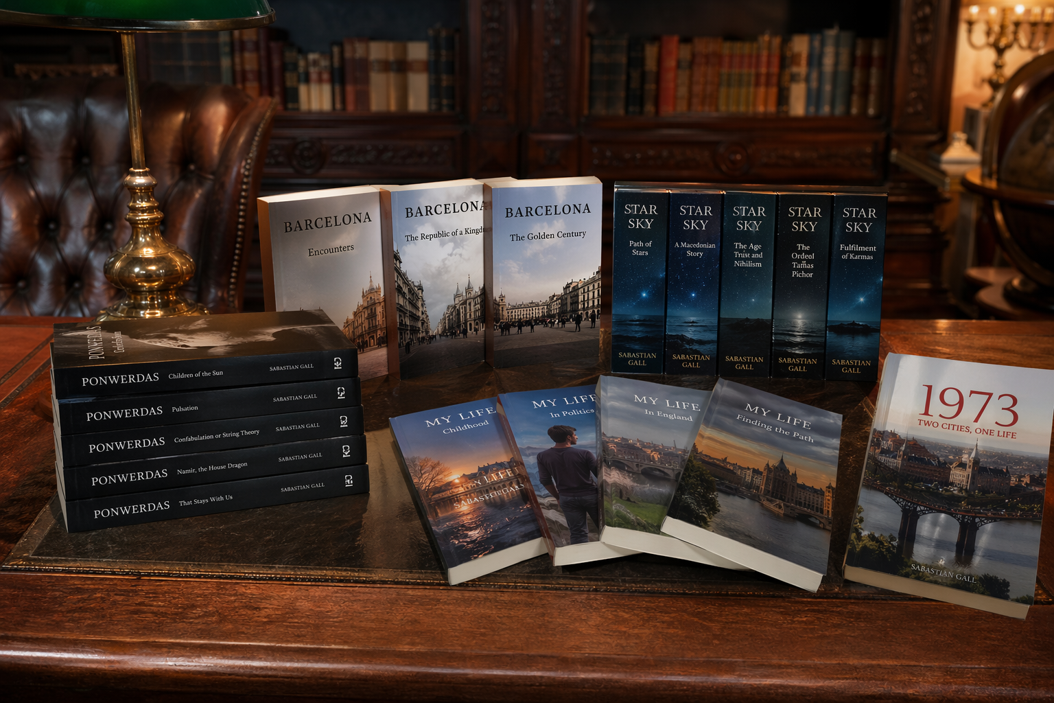 Photorealistic landscape image of a classic wooden study with a leather chair and a green banker’s lamp. On the desk, multiple book series by Sabastian Gall are neatly arranged, including Star Sky, PonWerDas, Barcelona, My Life, and the novel 1973 Two Cities, One Life. Bookshelves filled with volumes line the background, creating a warm, elegant literary atmosphere.