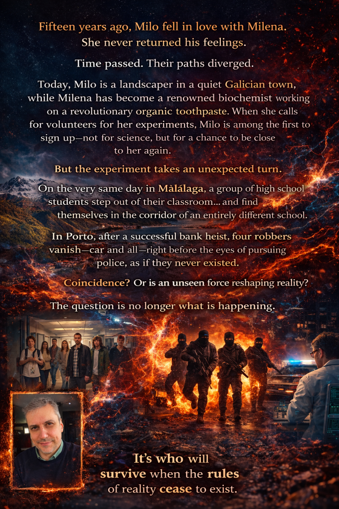 The back cover features a dark, cinematic background with glowing cracks of energy cutting across the scene. The book’s synopsis appears in centered white and orange text over a mountainous and urban landscape. Below the text, scenes depict a group of students in a hallway, armed robbers emerging from flames, and a scientist working at a computer near a police car. In the bottom-left corner, a framed author photo shows a middle-aged man with short gray hair wearing a dark sweater, looking directly at the camera. The overall tone is tense and futuristic, emphasizing mystery and reality distortion.