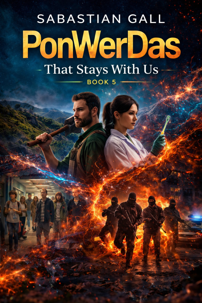 A dramatic sci-fi thriller book cover titled PonWerDas: That Stays With Us (Book 5) by Sebastian Gall. At the top, bold golden lettering displays the series title against a dark, cosmic sky with glowing energy cracks. In the center, a rugged man holding a shovel stands back-to-back with a focused female scientist holding a test tube, symbolizing contrasting worlds. A fiery, lightning-like fracture splits the scene diagonally. Below, a group of confused high school students stand in a corridor on one side, while masked armed robbers run beside a police car on the other. The background blends mountainous landscapes with intense orange and blue energy effects, suggesting parallel realities colliding.