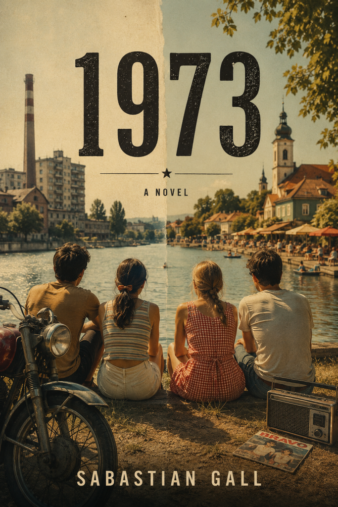Vintage-style book cover for the novel 1973 by Sabastian Gall, featuring four teenagers sitting beside Lake Balaton during a hot European summer in 1973. The cover contrasts two different Eastern European worlds: an industrial Hungarian town on one side and a sunlit Yugoslav riverside town on the other. A retro motorcycle, transistor radio, and 1970s fashion evoke nostalgia, youth, freedom, and Cold War-era coming-of-age themes. Warm cinematic colors and an Italian summer film aesthetic create a melancholic atmosphere.