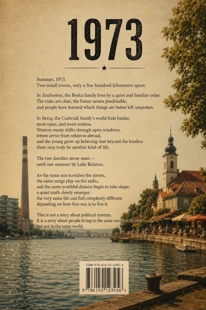 Back cover design for the historical coming-of-age novel 1973 by Sabastian Gall. The image features a nostalgic lakeside scene inspired by 1970s Eastern Europe, blending industrial Hungary with the relaxed atmosphere of Yugoslav small-town life. The synopsis text appears over a faded vintage background with warm summer tones, waterfront cafés, church towers, and smokestacks symbolizing the contrast between freedom and stability during the Cold War era. Includes retro typography and ISBN barcode styling.