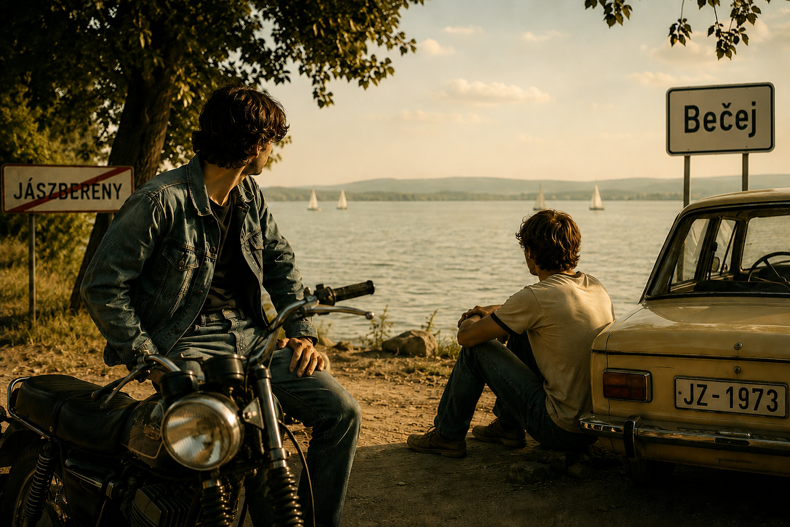 Vintage-inspired cinematic lakeside scene from the novel 1973 by Sabastian Gall, featuring two teenage boys beside a retro motorcycle and classic Eastern European car during a warm summer sunset. Road signs reading “Jászberény” and “Bečej” symbolise the parallel worlds of Hungary and former Yugoslavia in the 1970s. The nostalgic atmosphere, golden light, and calm water evoke themes of youth, freedom, identity, and coming-of-age in Cold War-era Eastern Europe.