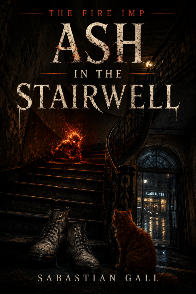 Front cover of the horror novel “Ash in the Stairwell” by Sabastian Gall, featuring a dark haunted Budapest stairwell at night. A glowing fire imp creature crouches on the stairs while a ginger cat watches from below beside abandoned combat boots. The eerie apartment entrance opens onto rainy Klauzál tér in Budapest, creating a supernatural urban horror atmosphere with gothic shadows and ember-lit details.
