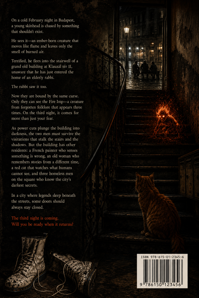 Back cover of the horror novel “Ash in the Stairwell” set in Budapest, showing a haunted apartment stairwell with a fiery imp creature glowing on the staircase beside a ginger cat. The dark gothic scene includes rainy city streets, abandoned boots, and atmospheric shadows. The back cover contains a supernatural horror synopsis about an elderly rabbi, a cursed fire imp, and terrifying folklore lurking beneath the streets of Budapest.