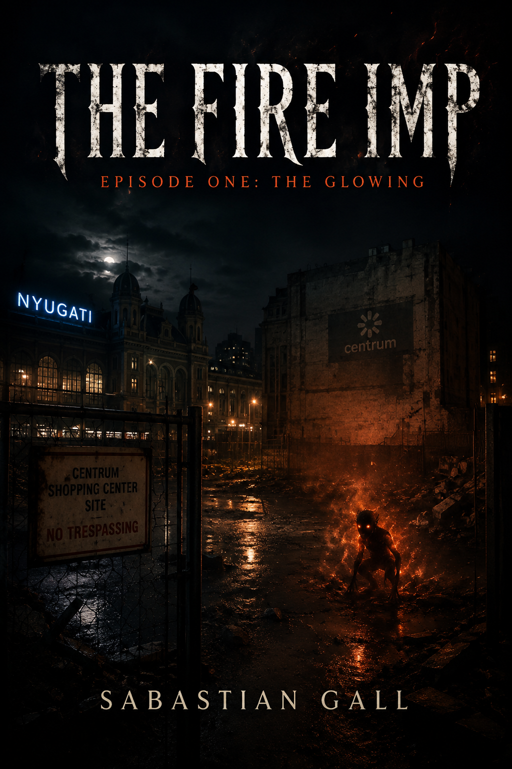 A dark horror book cover titled The Fire Imp by Sabastian Gall. The scene shows a ruined construction lot at night near Budapest’s Nyugati area, illuminated by dim orange firelight and cold blue city glow. In the foreground, a small humanoid creature made of fire and ash crouches on wet pavement, its glowing eyes staring directly outward. Behind it stands a decaying building marked “centrum,” surrounded by rubble and fencing with a “No Trespassing” sign. The atmosphere is smoky, rainy, and ominous, with a gritty urban horror aesthetic.