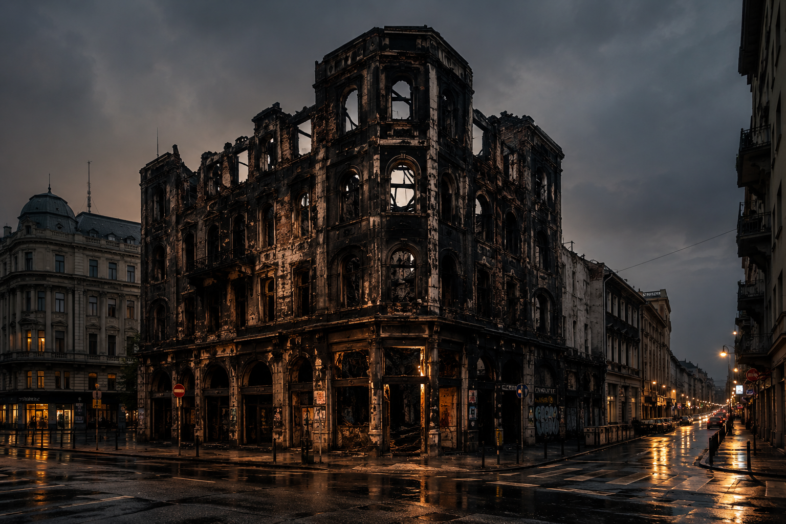 Burned historic downtown building near Nyugati Square in Budapest at dusk, featuring a charred abandoned facade, rain-soaked streets, dramatic storm clouds, and cinematic urban decay atmosphere in a dark European city setting.