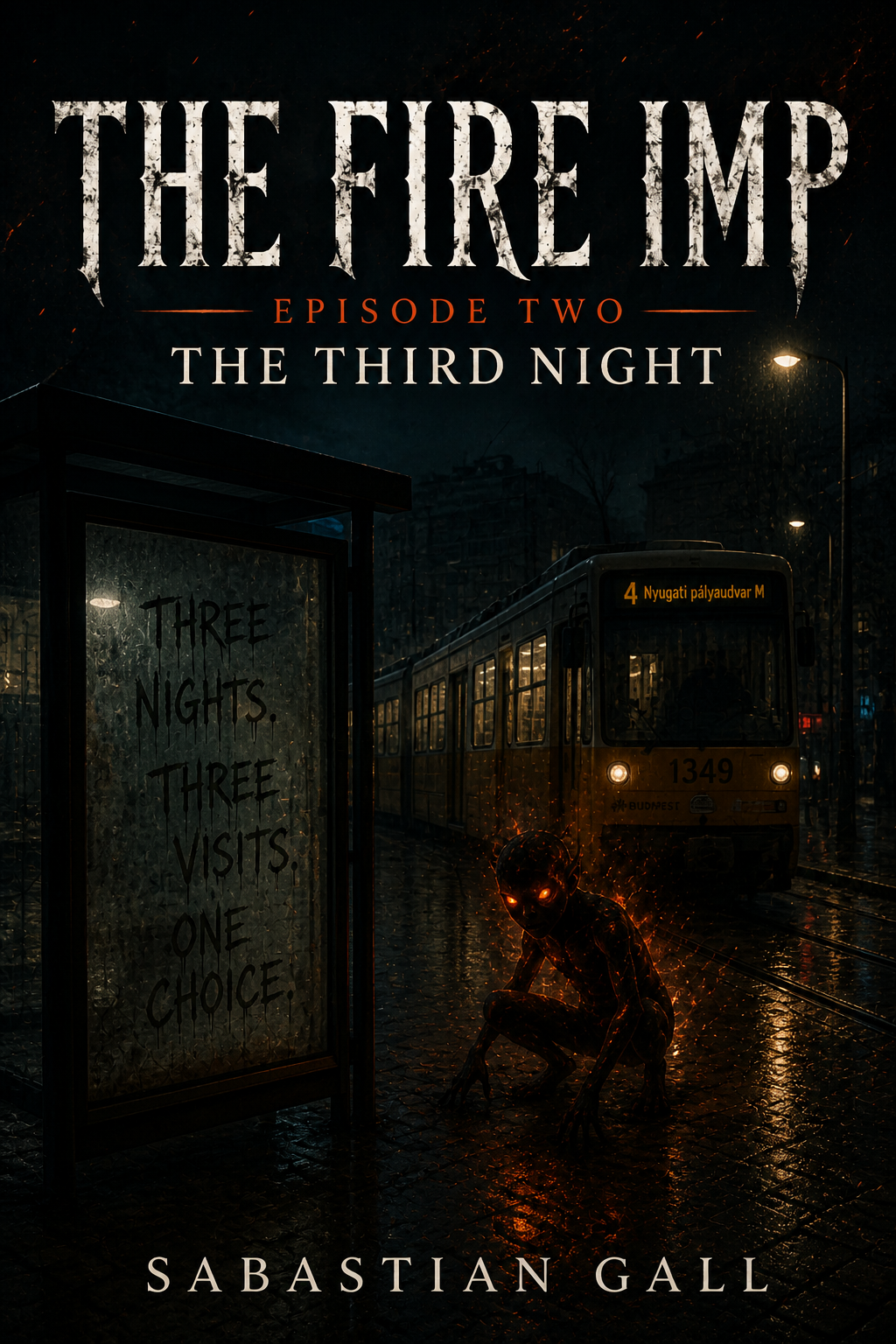 The Fire Imp Episode Two The Third Night horror book cover by Sabastian Gall featuring a fiery imp creature on a rainy Budapest street near Nyugati station with dark urban folklore atmosphere and supernatural thriller aesthetic.