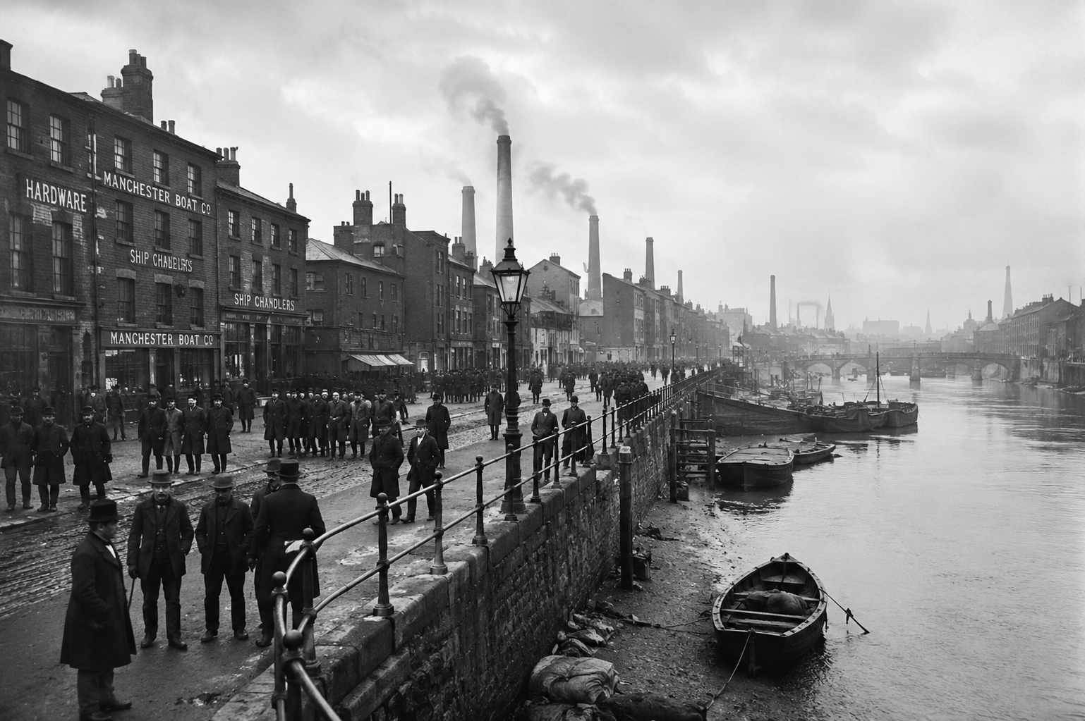 Black and white photorealistic view of Victorian Manchester waterfront with industrial factories, smoky chimneys, boats, and people walking along the riverside during the Industrial Revolution.