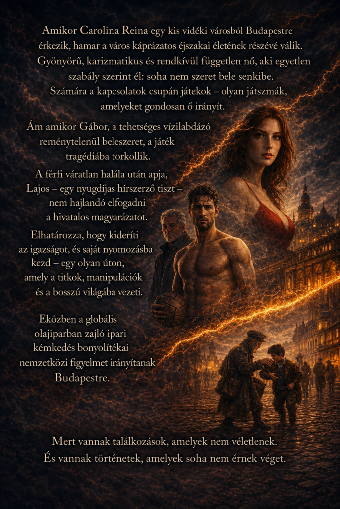Book cover for a Hungarian thriller novel set in Budapest, featuring a mysterious red-haired woman, a muscular water polo player, an elderly former intelligence officer, and a dramatic cityscape. The story explores love, betrayal, industrial espionage, revenge, and hidden conspiracies in modern Hungary.